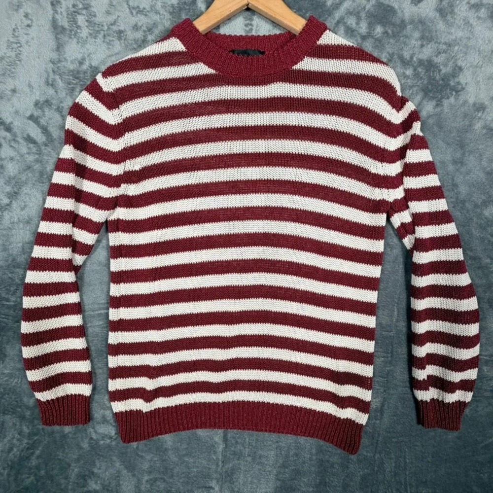 Zara Womens Sweater M Burgundy White Striped Knit Pullover Long Sleeve
